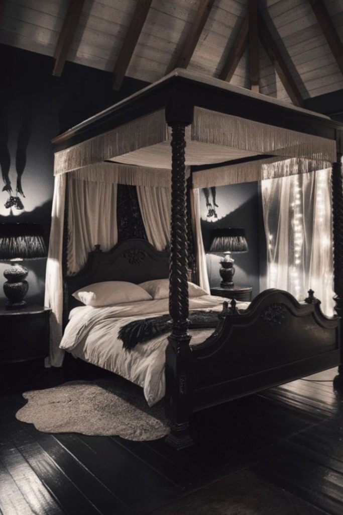 Artistic black canopy bed abstract modern space.