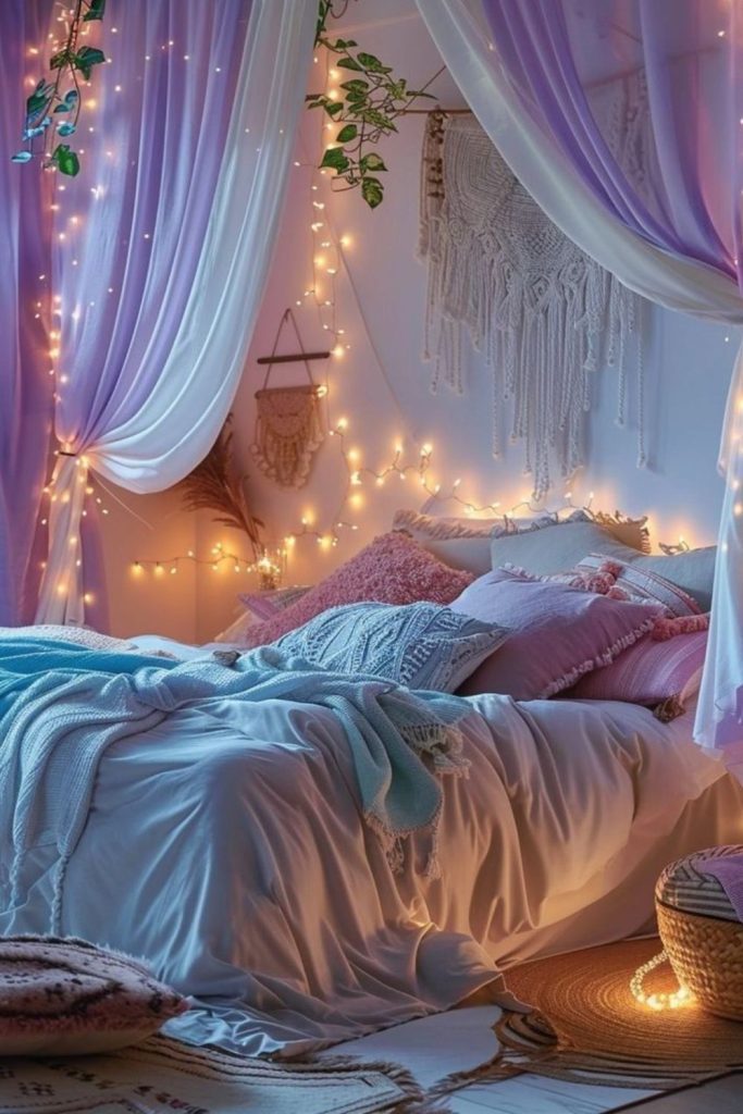 Colorful aurora-inspired bedroom with lanterns.