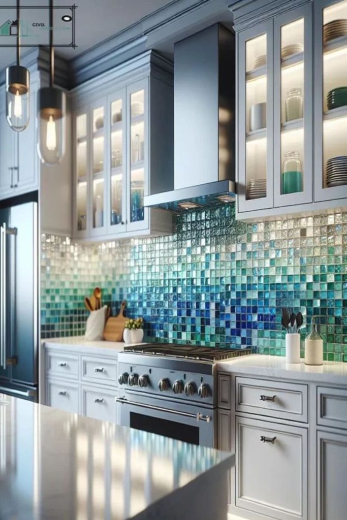 Azure sea glass patchwork backsplash