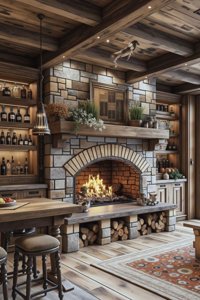 Backwoods gathering room with rustic hearth