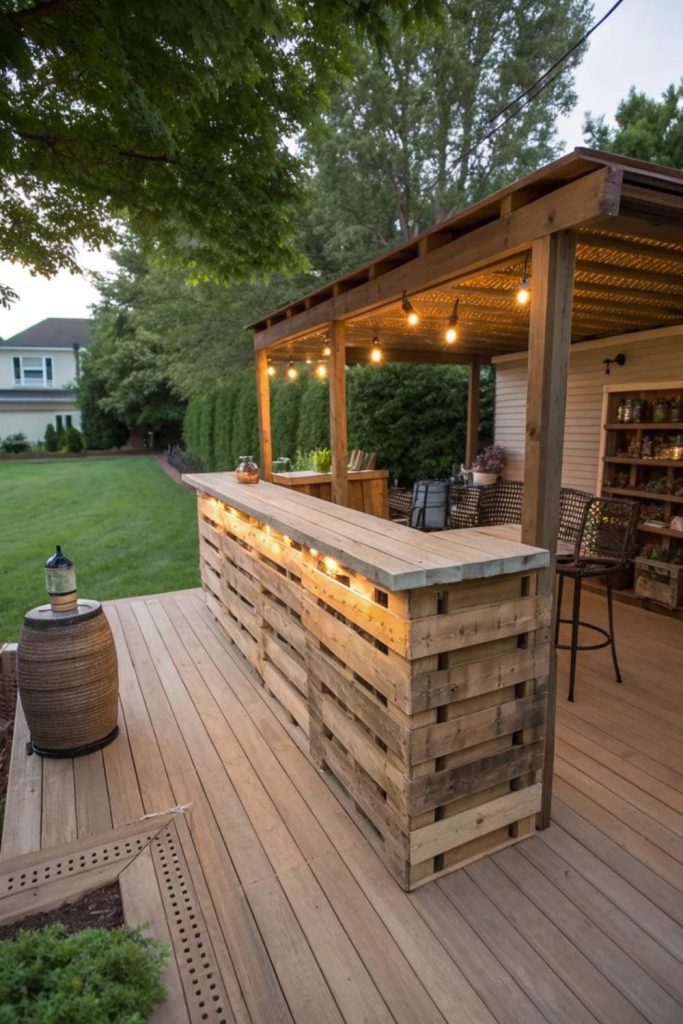 Backyard pallet bar with warm lighting