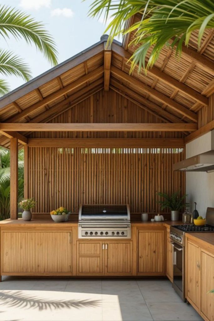 Bamboo screens surround tropical grill