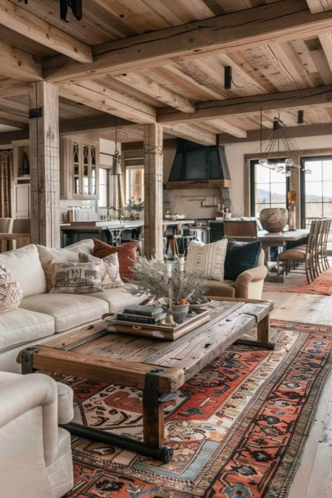 Barnwood farmhouse interior with rustic table