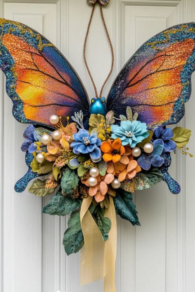 Tangled petals, butterflies, beads in frame