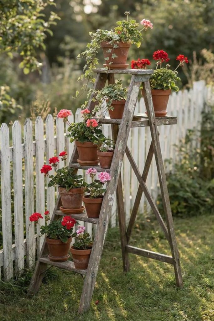 Ladder steps decorated with vibrant flower pots.