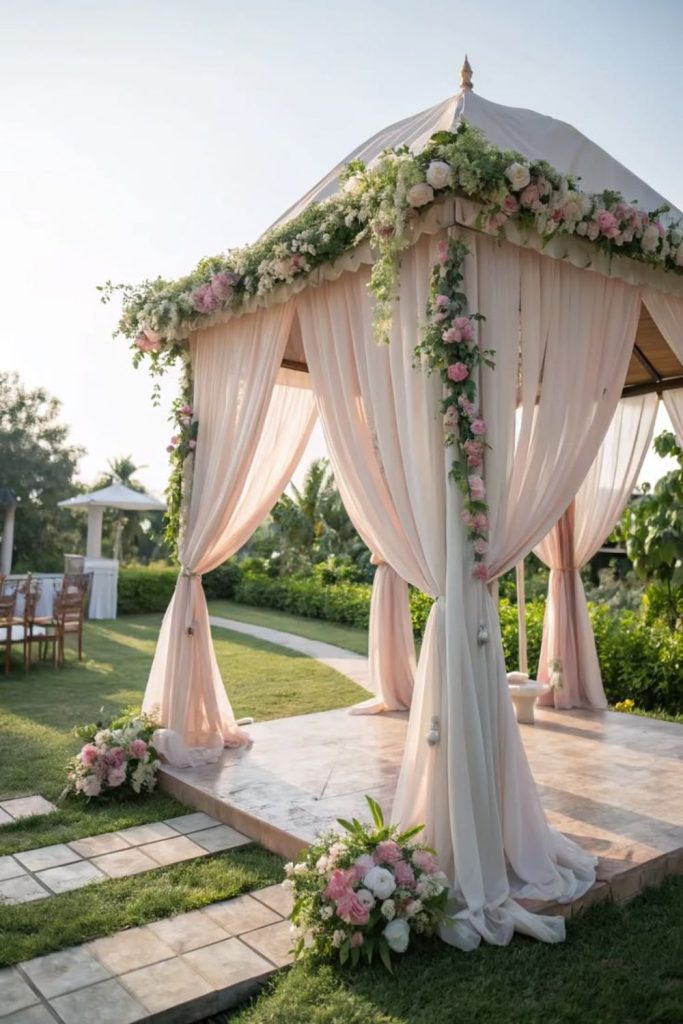 Blush canopy floral outdoor bridal setup