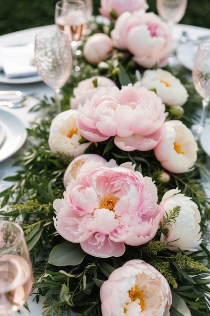 Soft blush peonies with gray ivy
