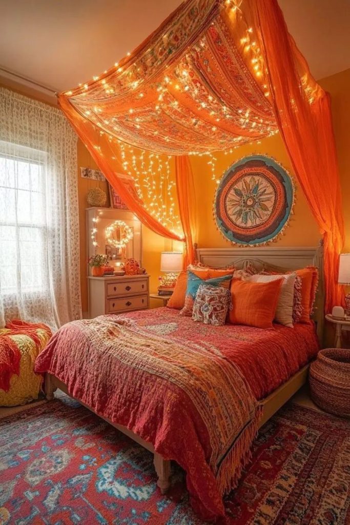 Colorful tapestries scattered pillows hanging plants