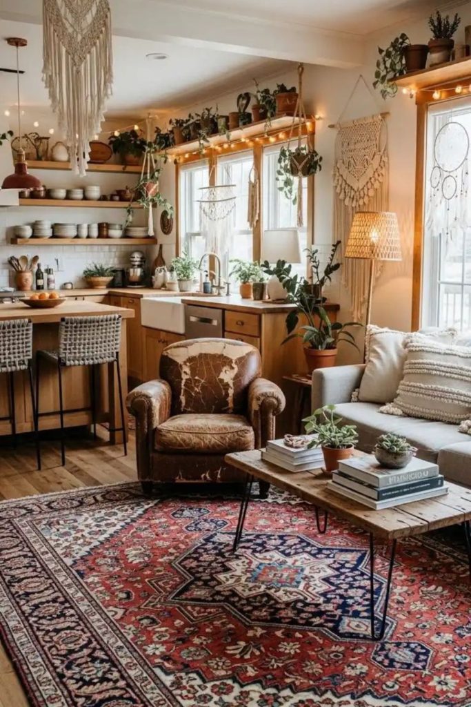 Boho living room with eclectic textures.