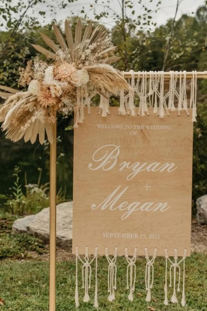 Boho macrame textured wedding bar display