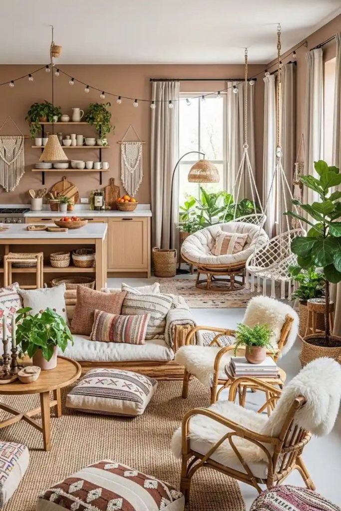 Bohemian macramé-inspired cozy living space.