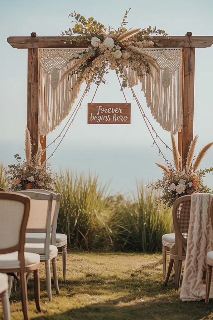 Knotted macrame with floral decorative accents.