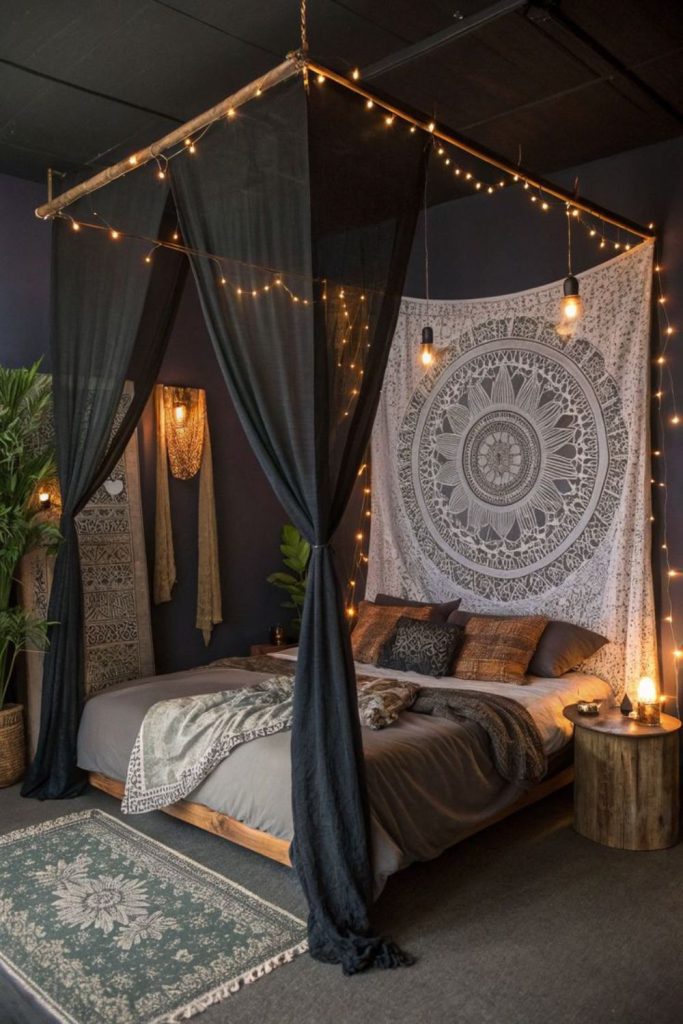 Boho black canopy bed with textured decor.