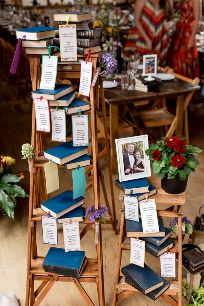 Book themed library style wedding seating chart.
