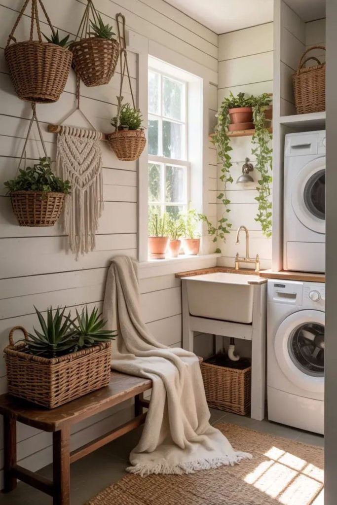 Hanging plants overflowing near ceramic sink