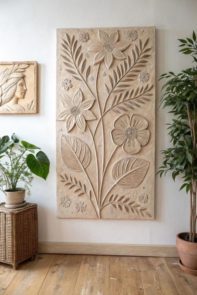 Carved wooden botanical relief wall art.