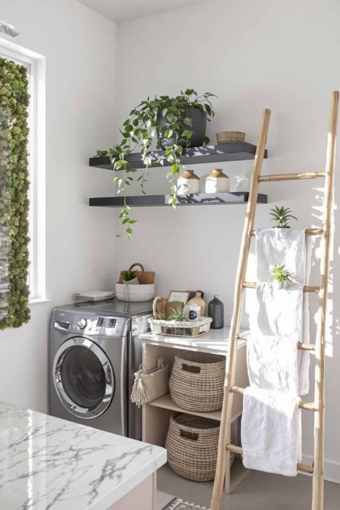Botanical laundry room with hanging plants