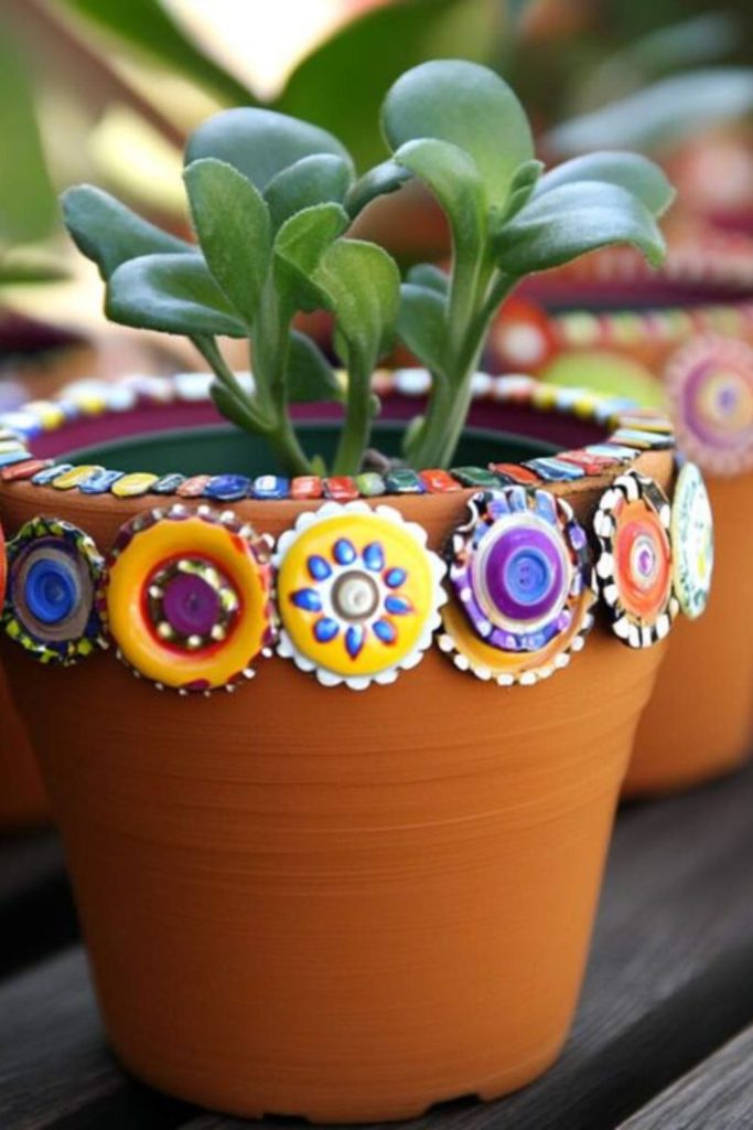 Bottle cap floral mosaic garden art