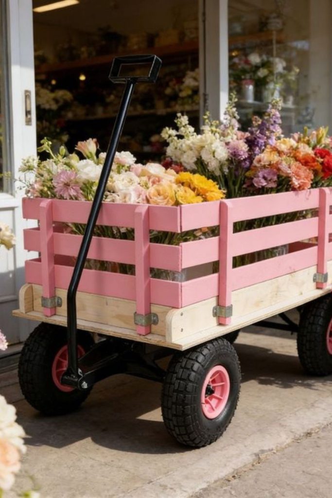 Scarlet poppies tumbling from wooden crates