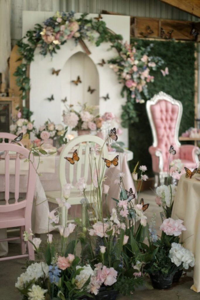 Butterfly themed whimsical garden bridal decor