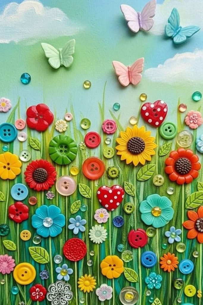 Button flower recycled garden collage board