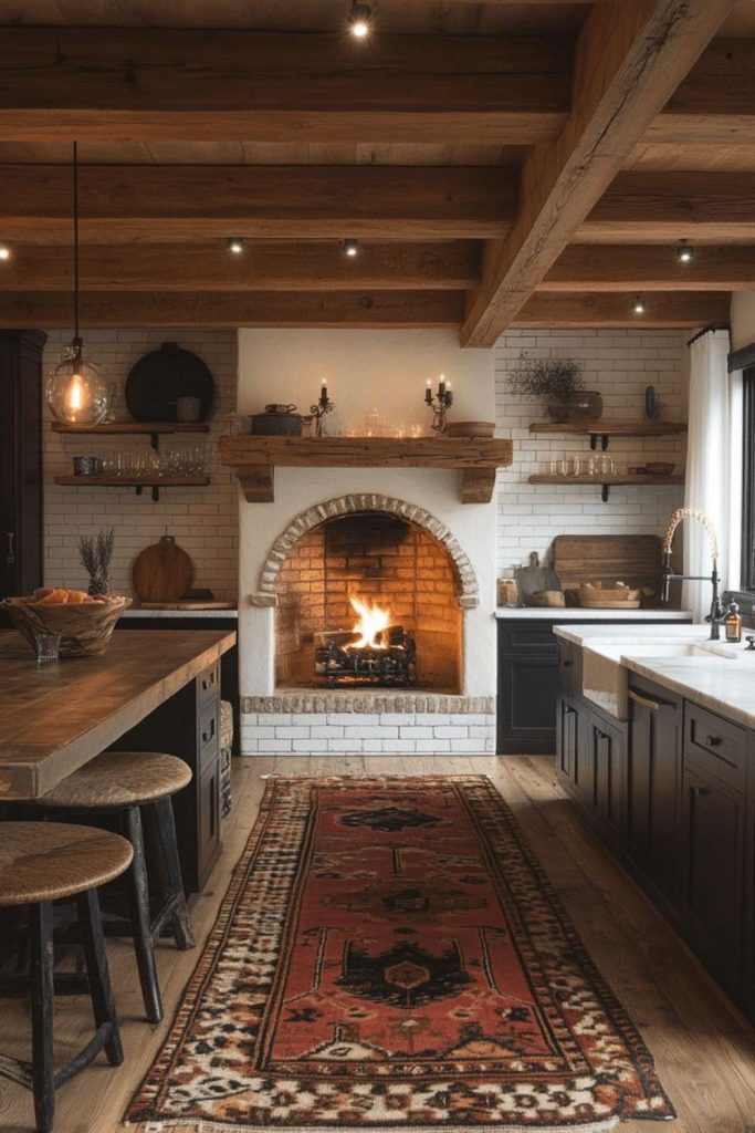 Rustic cabin kitchen with open hearth