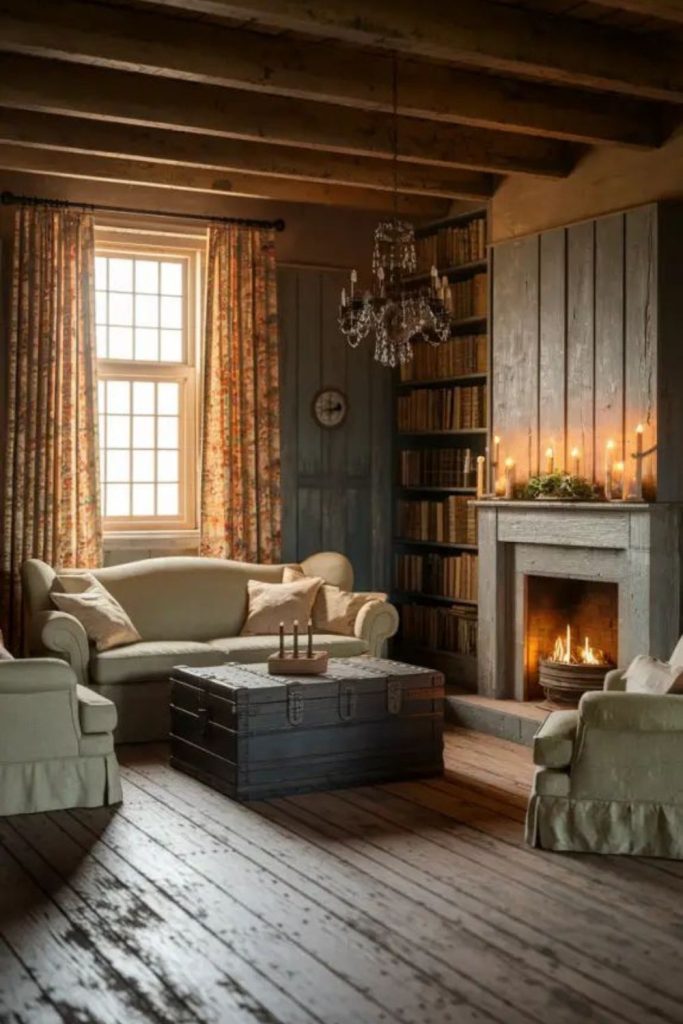Candlelit prairie style primitive living room