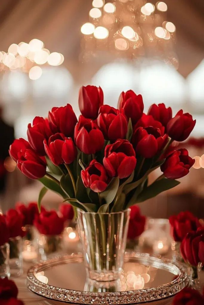 Shiny red tulips with glossy leaves