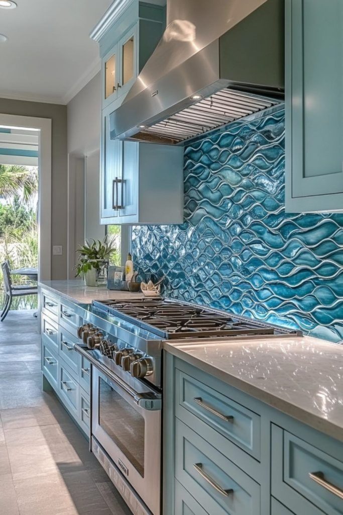 Caribbean wave glass backsplash style