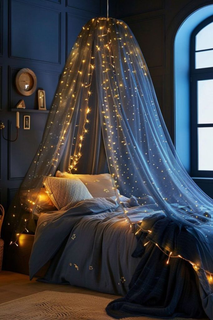 Starry dark drapes soft silver glimmers