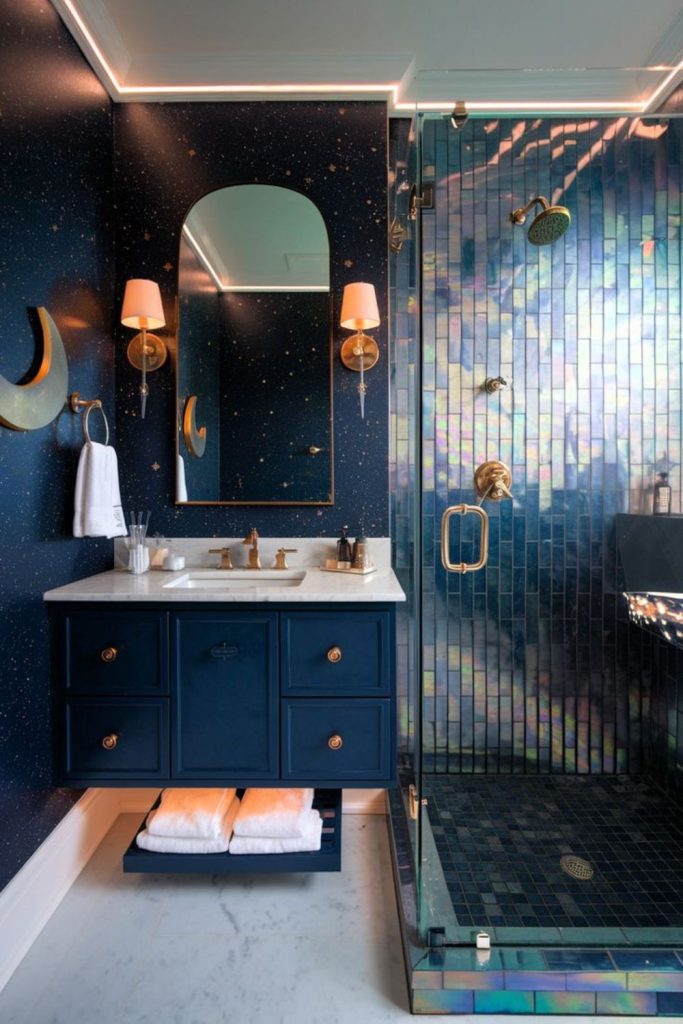 “Starry mirror bathroom with shower"