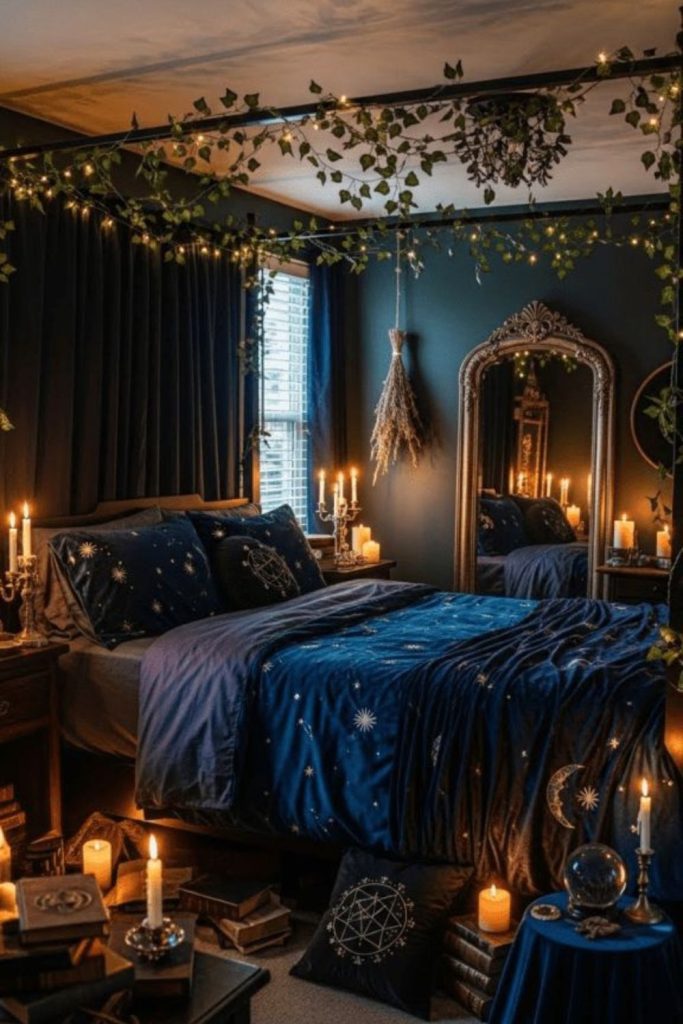 Deep indigo with moons and stars.