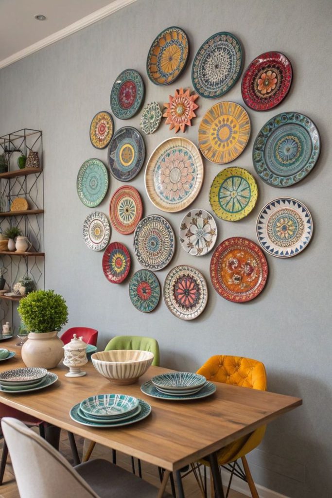 Decorative ceramic plate wall arrangement.