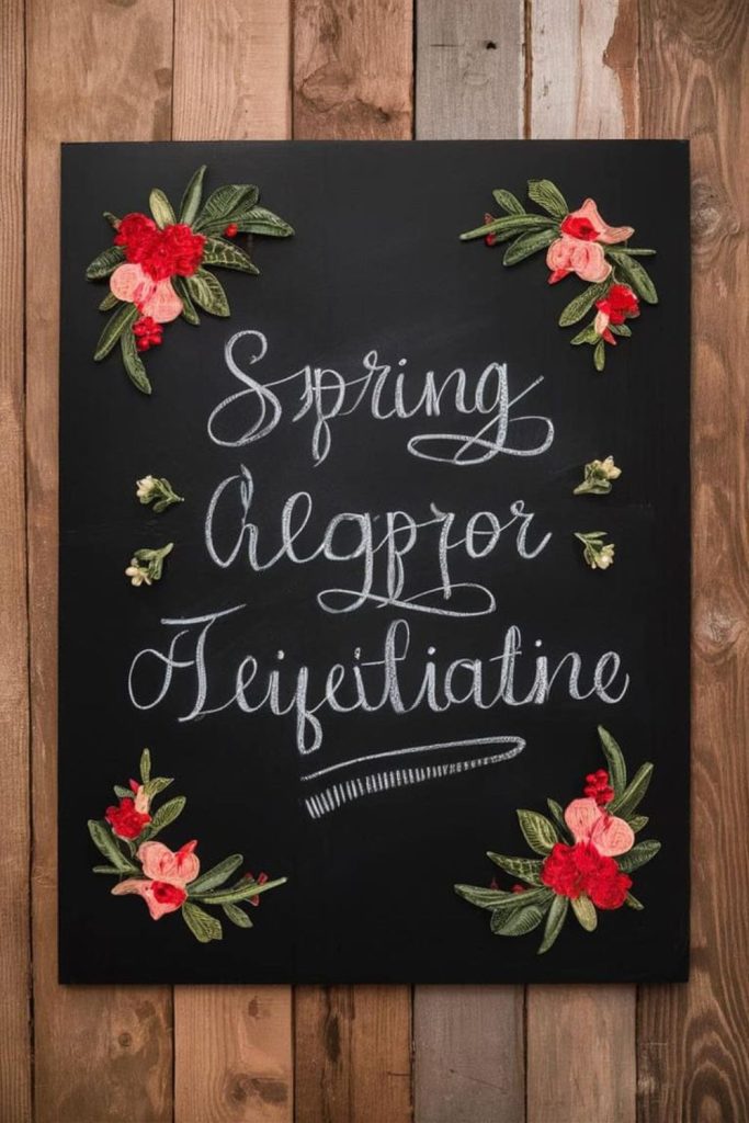 Chalkboard with hand-drawn colorful spring flowers.