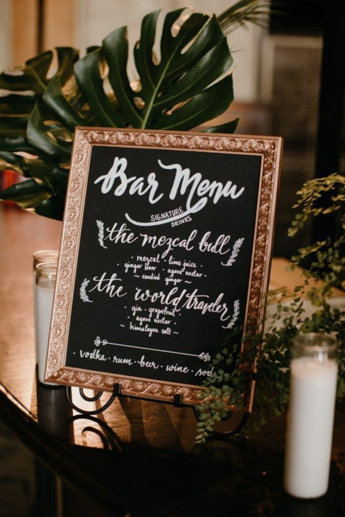 Chalkboard greenery framed rustic bar menu