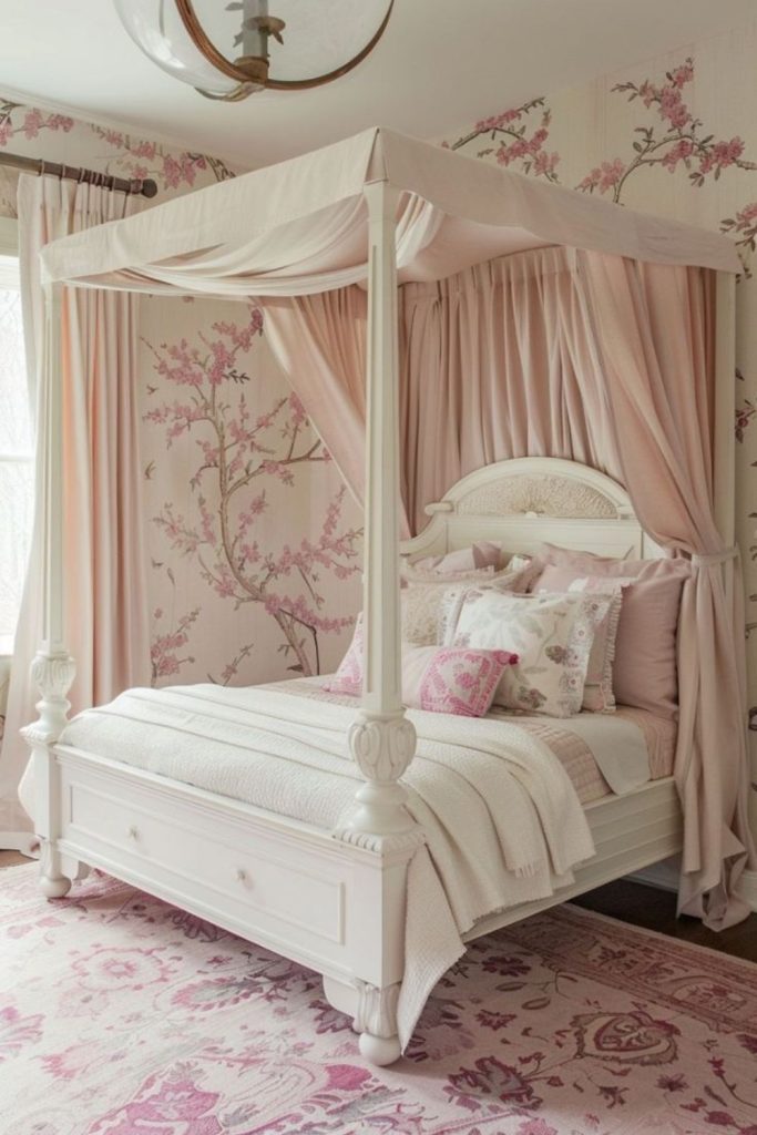 Romantic blush cocoon with soft lights.