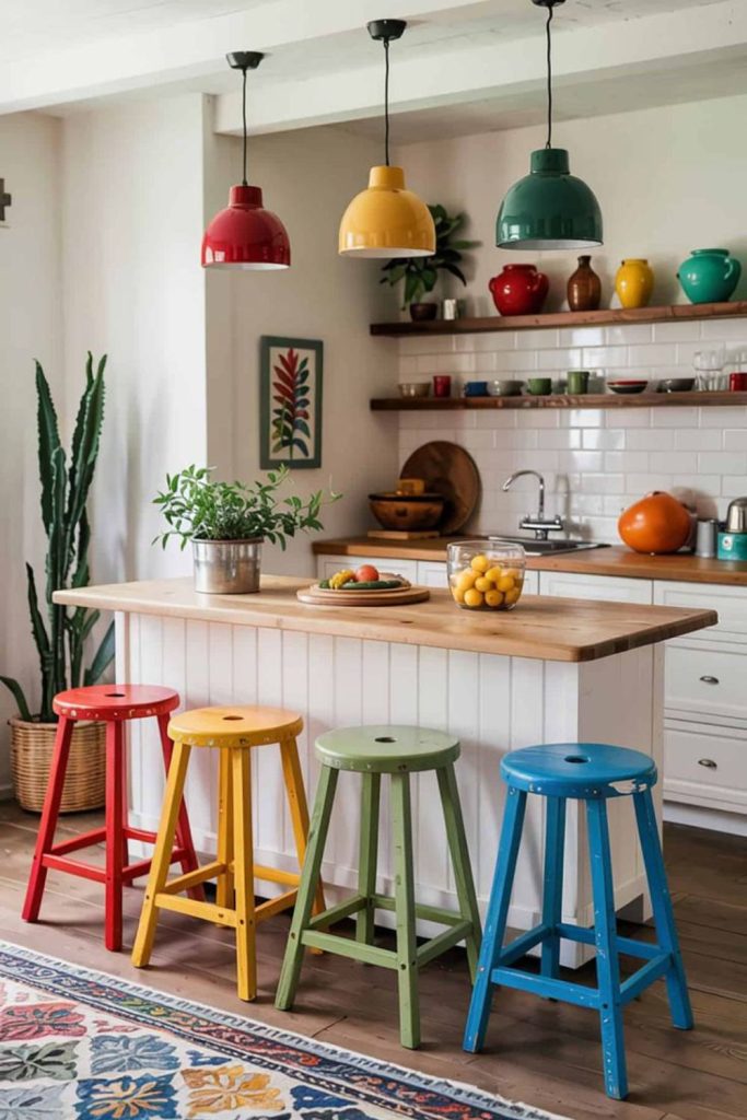 Vibrant colorful kitchen with playful accents.