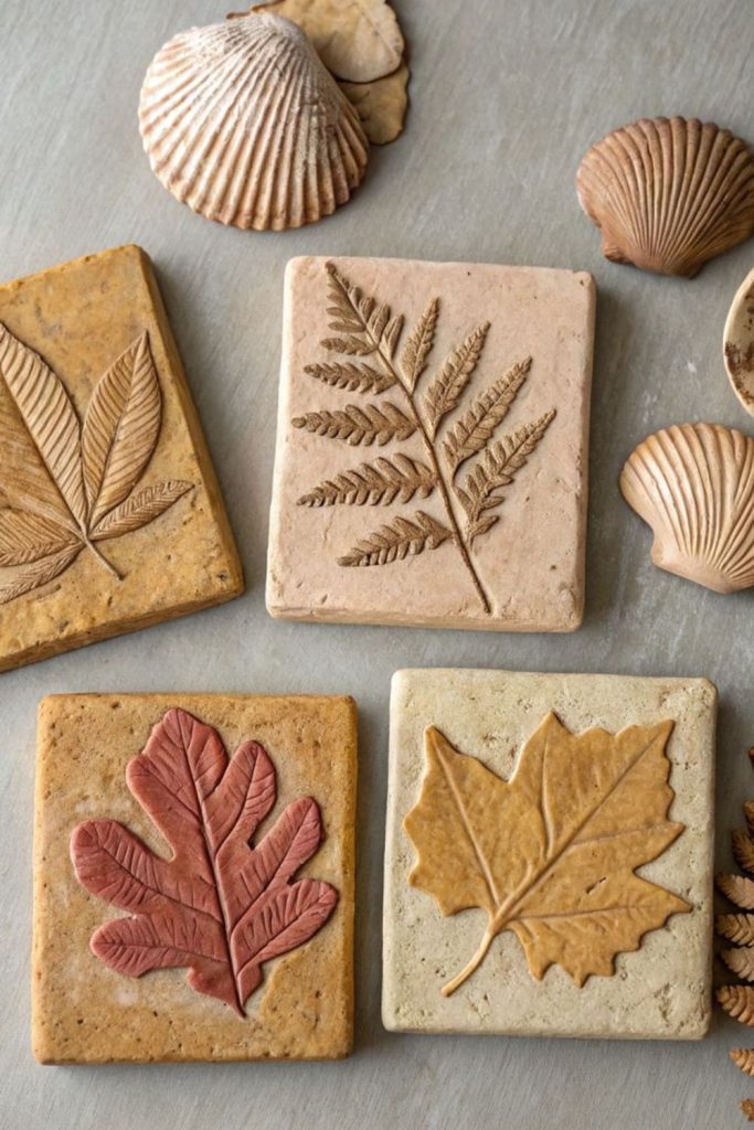 Clay leaf imprint garden tile art