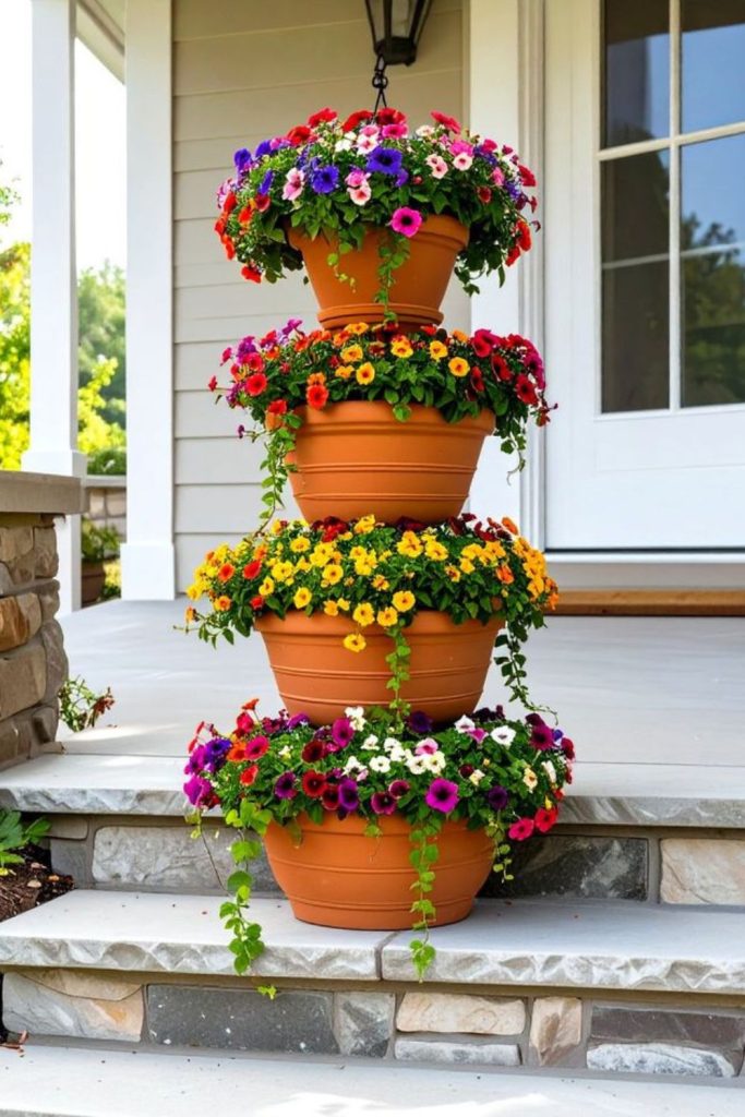 Clay pot stacked tower garden