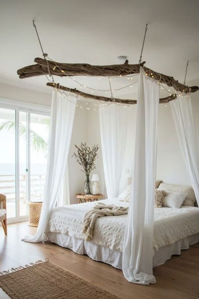 Sheer white curtains driftwood ocean scent