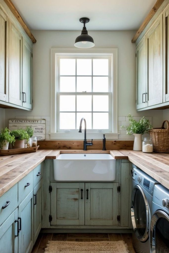 Seafoam green sink with driftwood tones