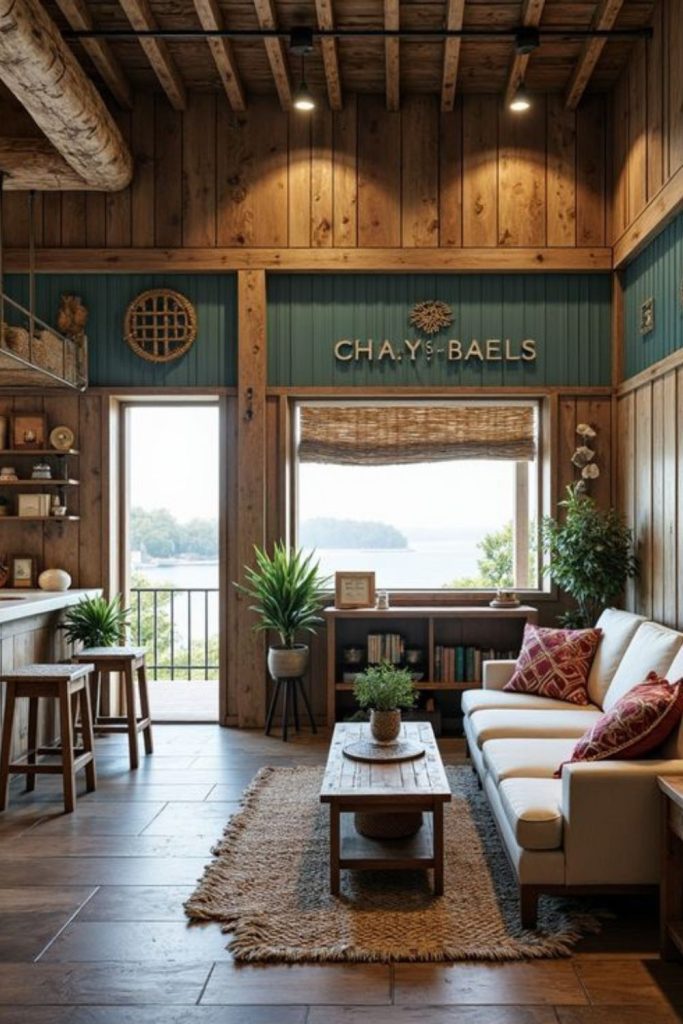 Nautical-inspired living space with driftwood decor.