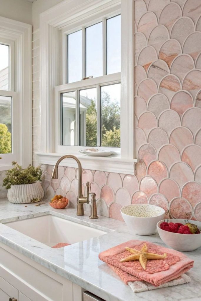 Coral toned sea glass backsplash design