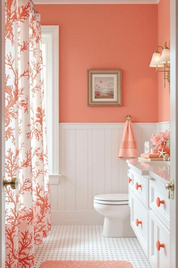 “Coral themed bathroom with glowing lights”