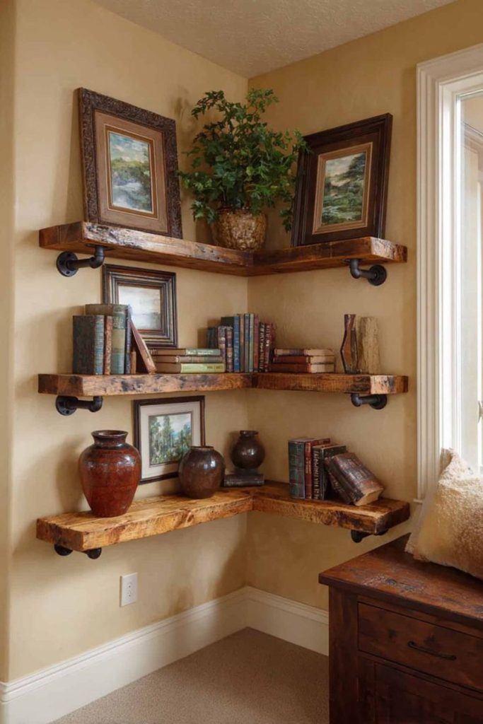 Floating wooden shelf for corner spaces