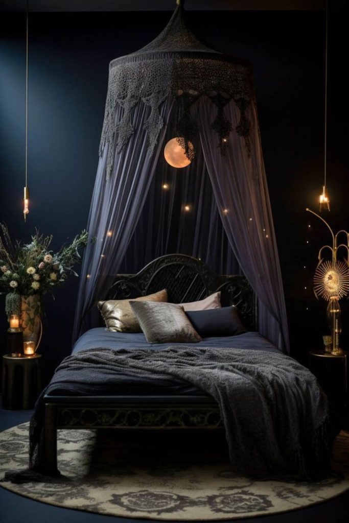 Starry black canopy bed cosmic night theme.