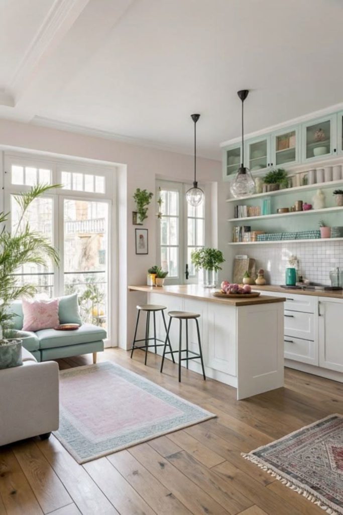 Pastel cottage-style living room and kitchen.