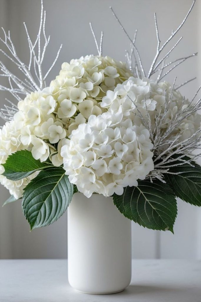 White hydrangeas with cotton wisps