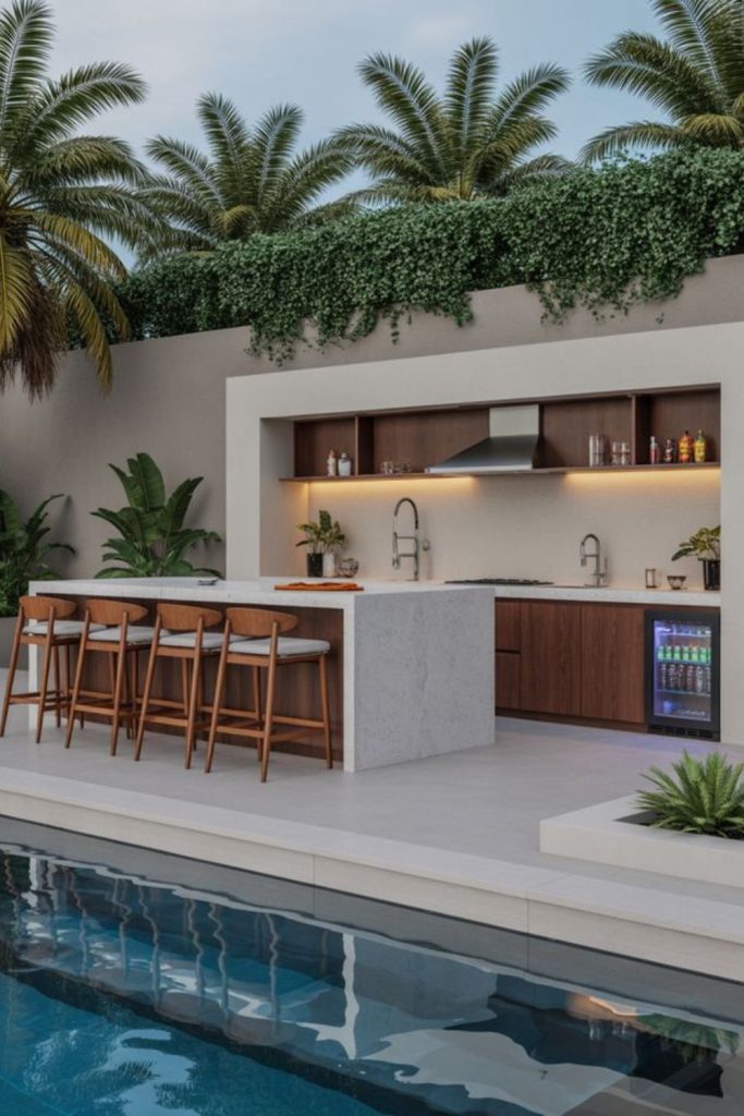 Cooking island beside bubbling fountain