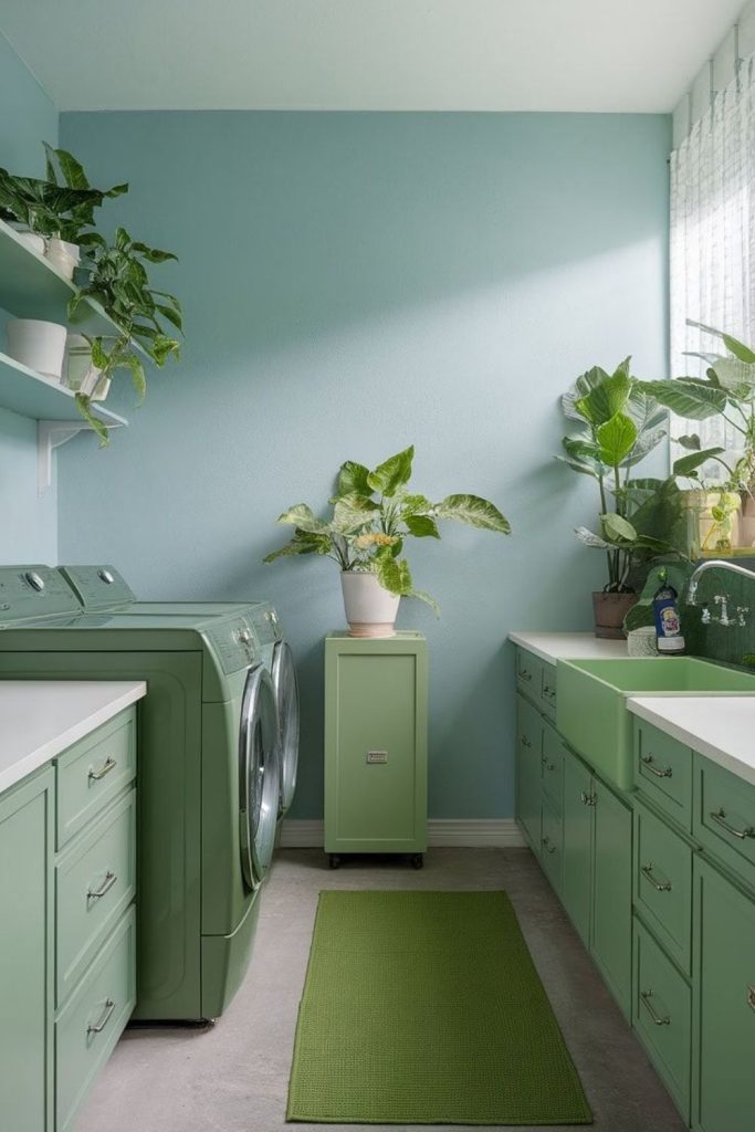 Sag ceramic sink in mint cabinetry